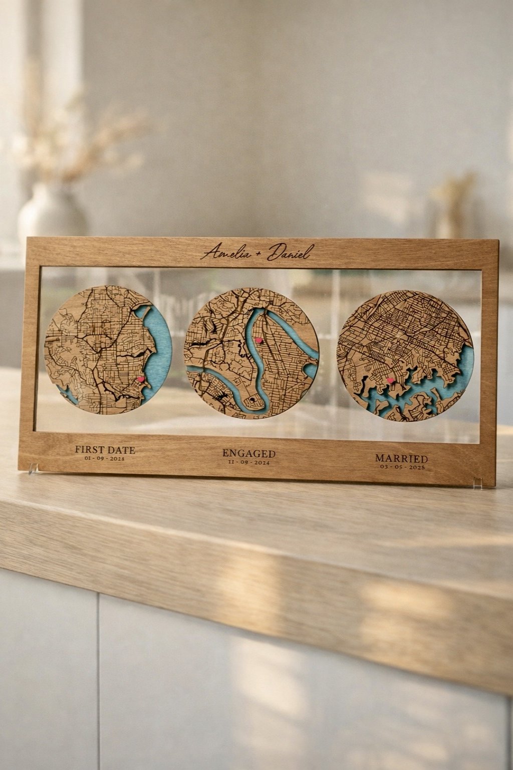 Personalised wooden map timeline displayed on table showing three meaningful locations in layered design