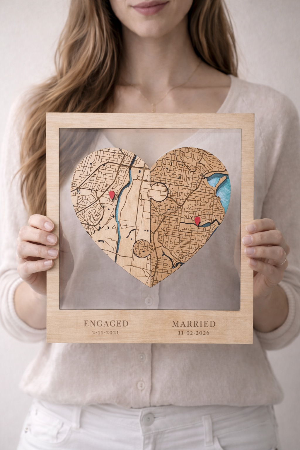 Personalised puzzle location heart wooden map gift showing engaged and married dates with raised red markers anniversary gift