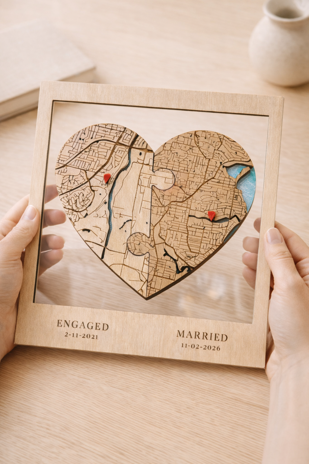 Personalised puzzle location heart wooden map gift showing engaged and married dates with raised red markers for couple gift for her