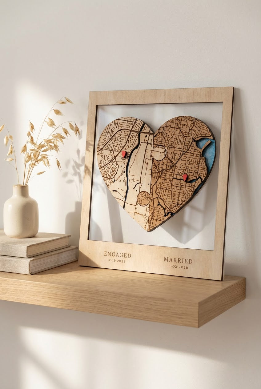 Personalised puzzle location heart wooden map gift showing engaged and married dates with raised red markers custom wedding gift