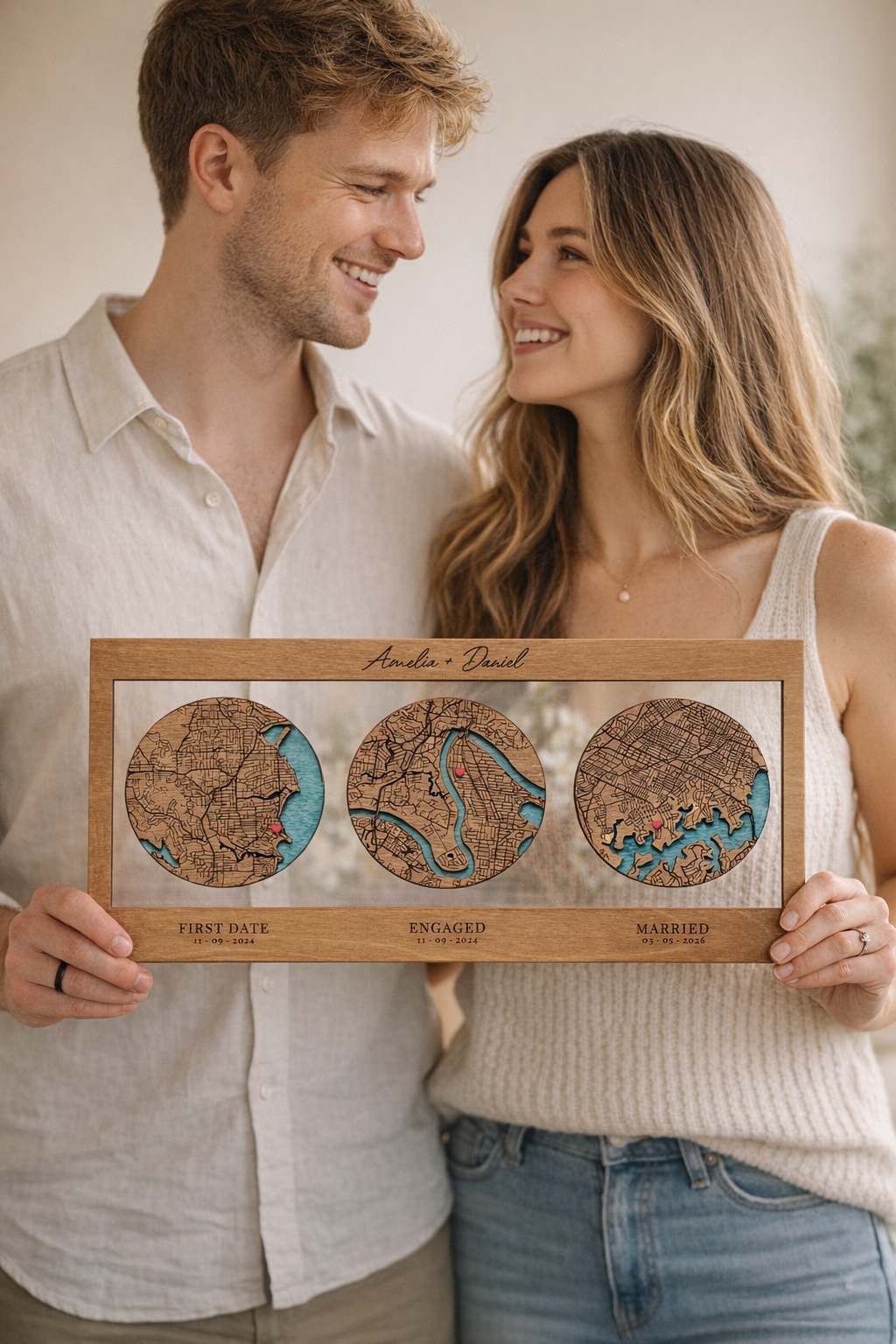 Couple holding personalised relationship timeline map gift showing first date engagement and wedding locations