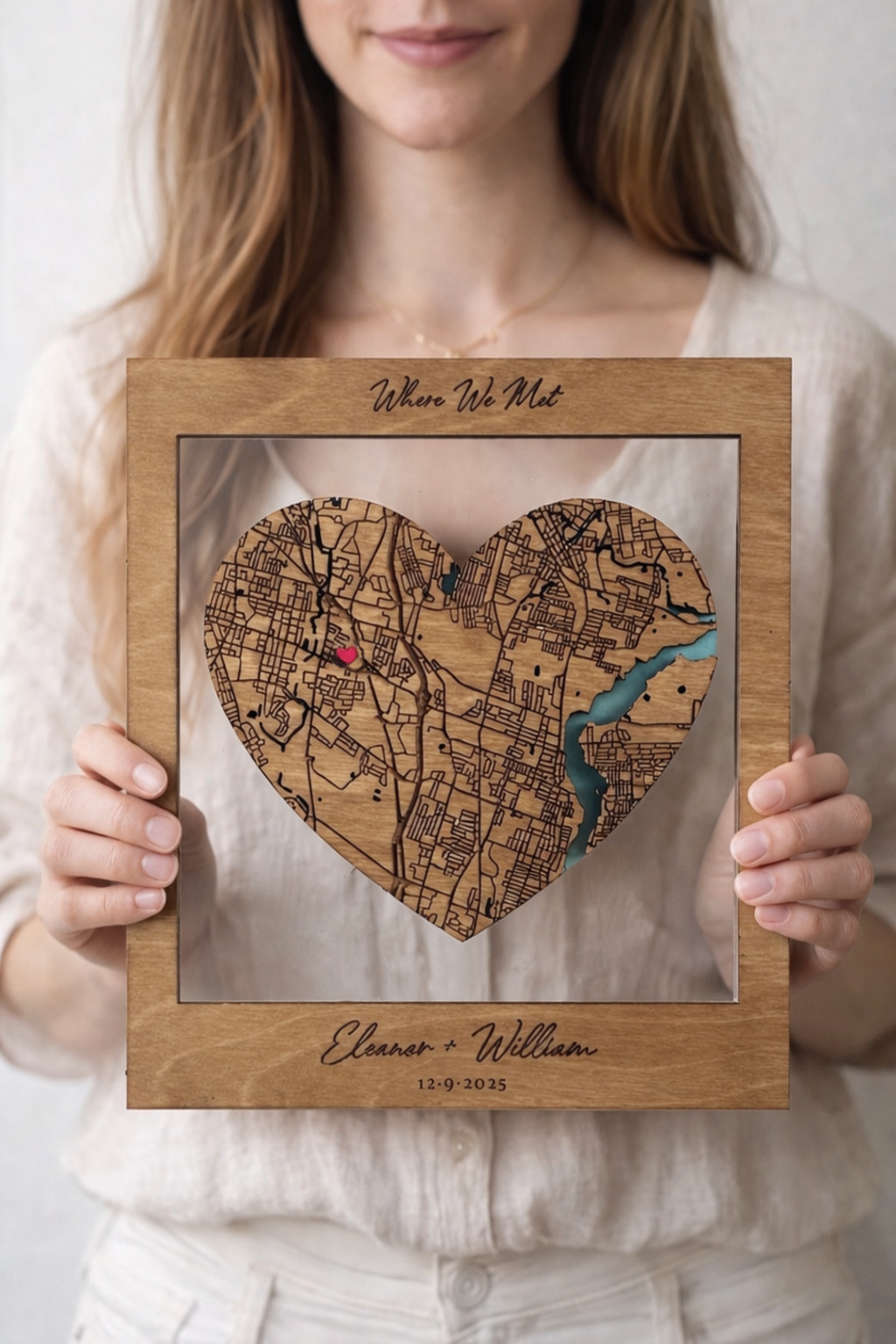 personalised wood map where we met heart