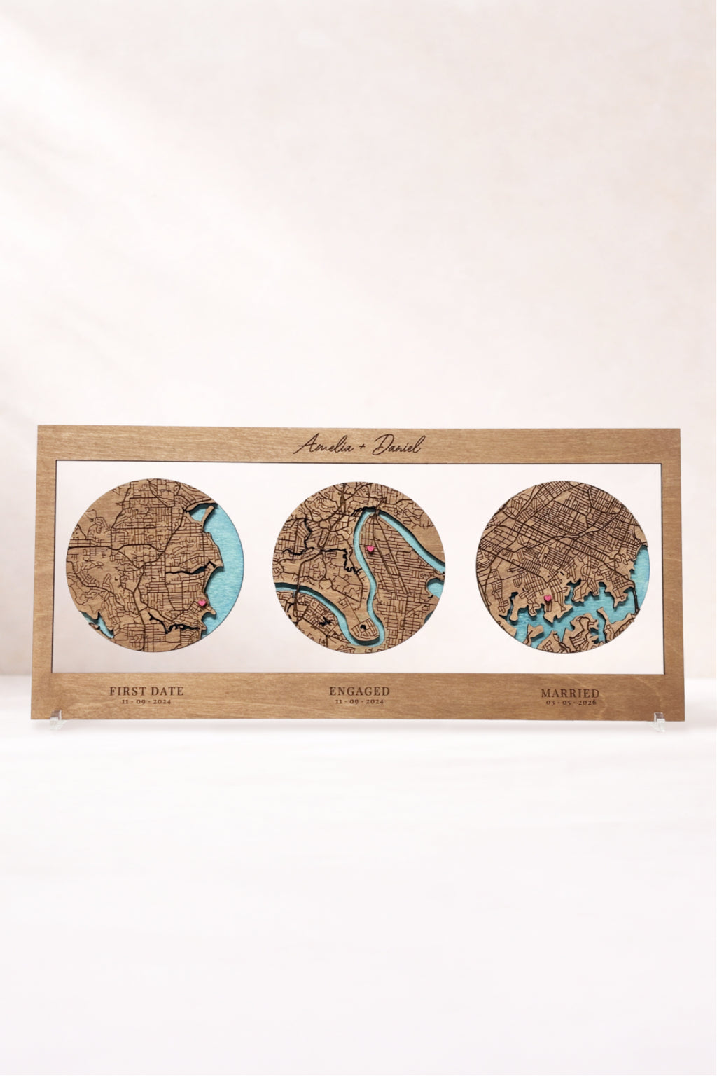 Personalised relationship timeline map gift with three locations, layered wooden map showing first date, engagement and wedding location